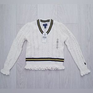 EUC Girls MED (8-10) Ralph Lauren Polo cream crochet cricket Vneck sweater